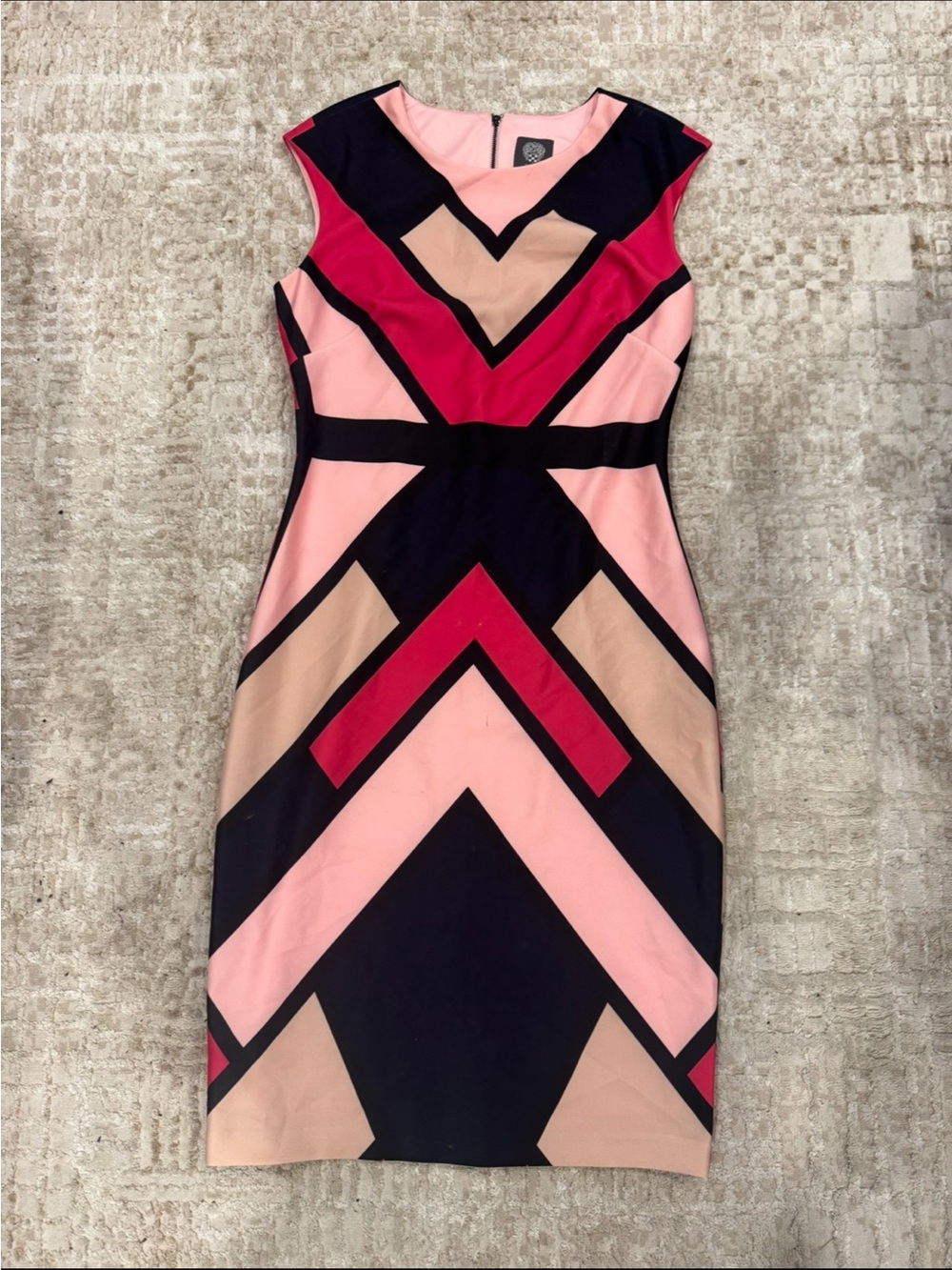 Vince Camuto Pink, Navy & Beige Geometric Sheath Dress
